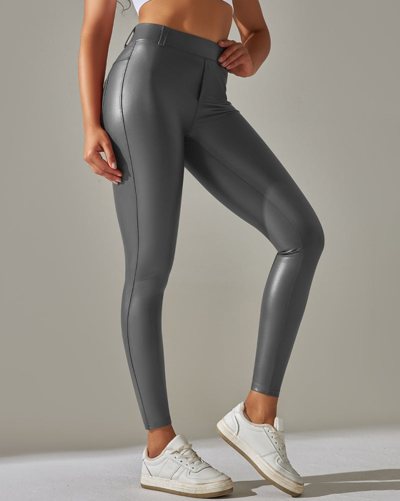 PU-Lederhose Hohe Taille Enge Sport-Yogahose Schmal