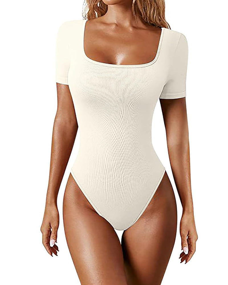 Damen Sexy Gerippter Eckigem Ausschnitt Kurzärmeliger Quadratischer Kragen Tanga Bauchweg Bodysuit