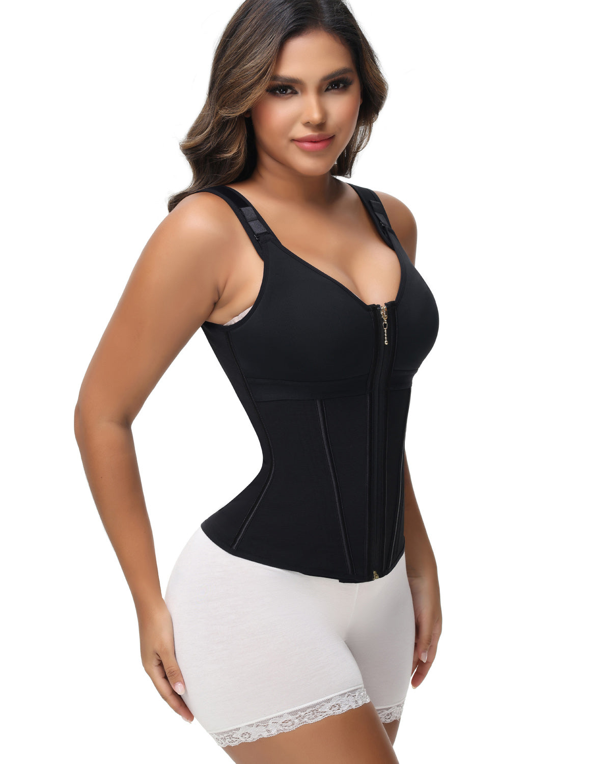 Damen Stäbchen Latex Reißverschluss Korsett Bauchkontrolle Body Shaper Weste Mit BH