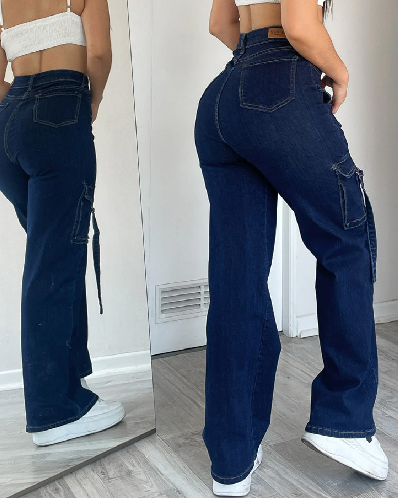 Damen Hohe Taille Cargo Jeans Weitem Bein Lässige Flaschentaschen Hose