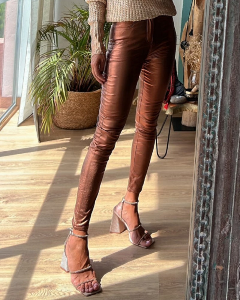 INS Style Mehrfarbige Skinny Lederhose mit Hoher Taille für Damen