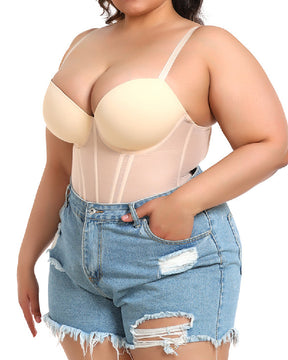 Damen Sexy Mesh Korsett Top Überbrust Bügel Stäbchen Push Up Bustier