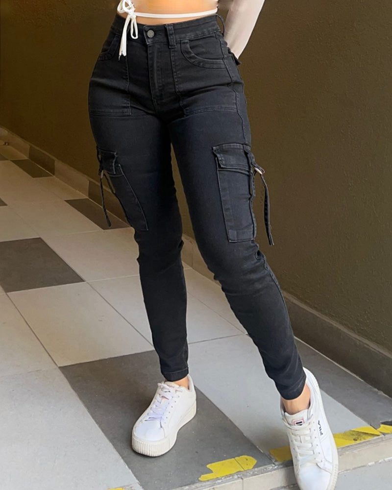 Skinny Cargo Jeans mit Hoher Taille und Hip-Lift-Design für Damen mit Großen Taschen