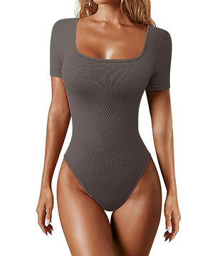 Damen Sexy Gerippter Eckigem Ausschnitt Kurzärmeliger Quadratischer Kragen Tanga Bauchweg Bodysuit