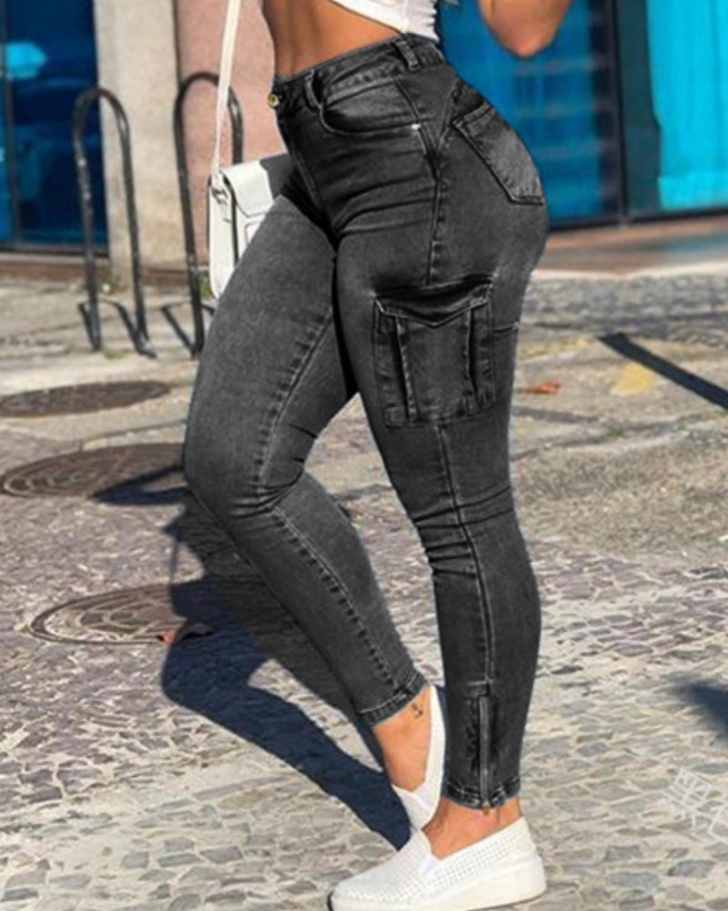 Sexy Altmodische Cargo-Skinny-Jeans mit Mehreren Taschen