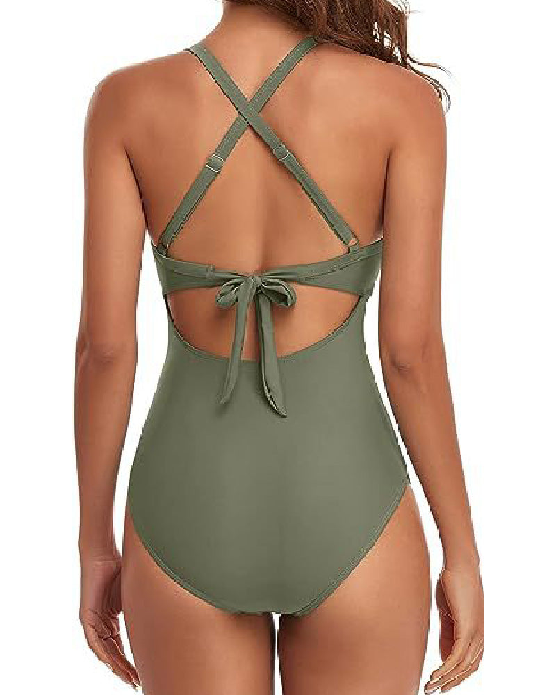 Einteilige Cutout Badeanzug Bauchweg Hoher Taille Bindeband Hinten Bademode