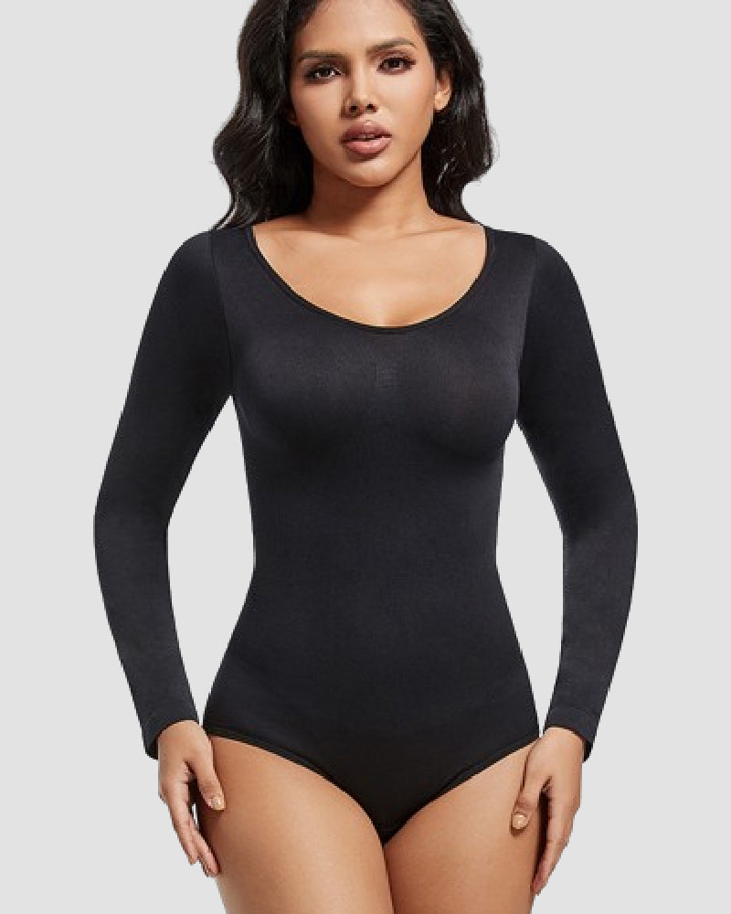 Nahtloser Rundhalsausschnitt Langarm Korsett Bodysuit Tops Stretch Dreieck Body