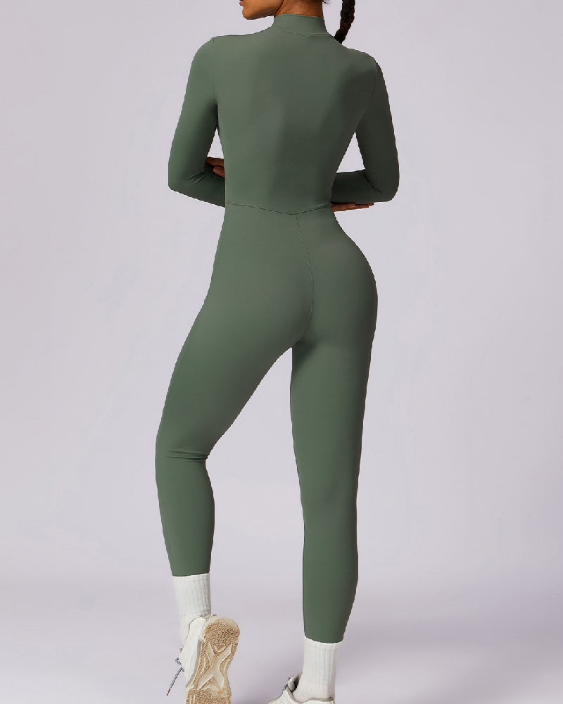 Einteiliger Athleisure Jumpsuit Lange Ärmel Frontreißverschluss Voll Bodysuit