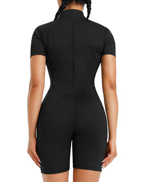 Damen Ganzkörper Stehkragen Saunaanzug Reißverschluss Kurzarm Schweiß Workout Jumpsuit