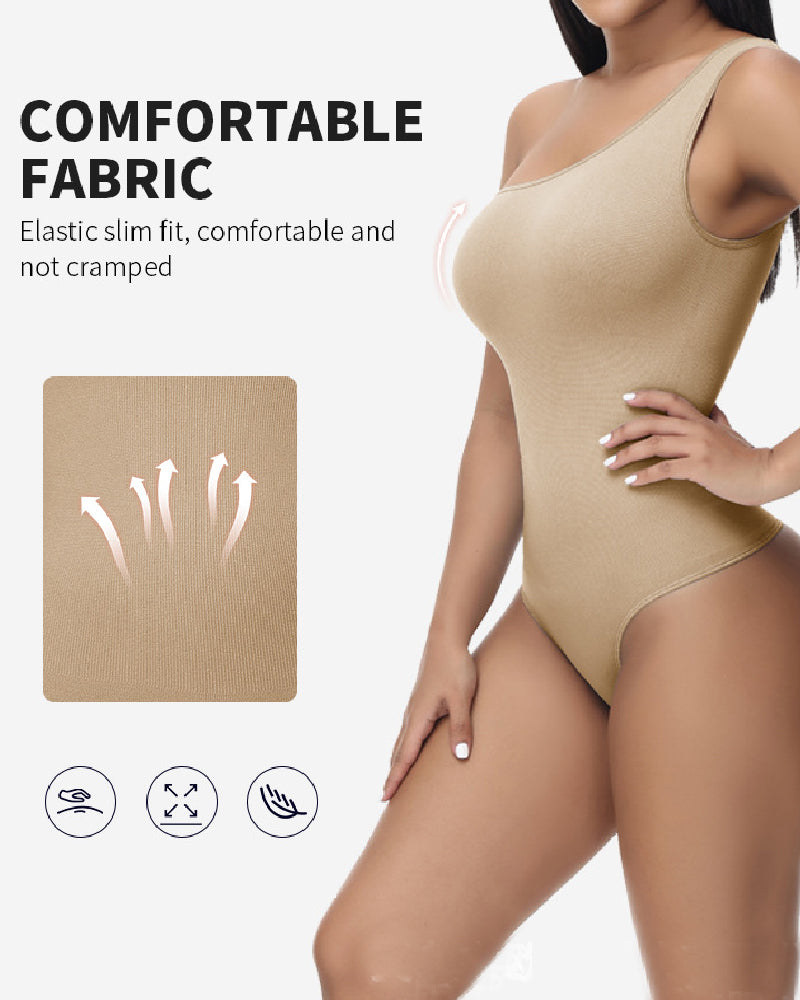 Sexy Geripptes Ein-Schulter Ärmelloses Tanktop Enger Stretch Bodysuit