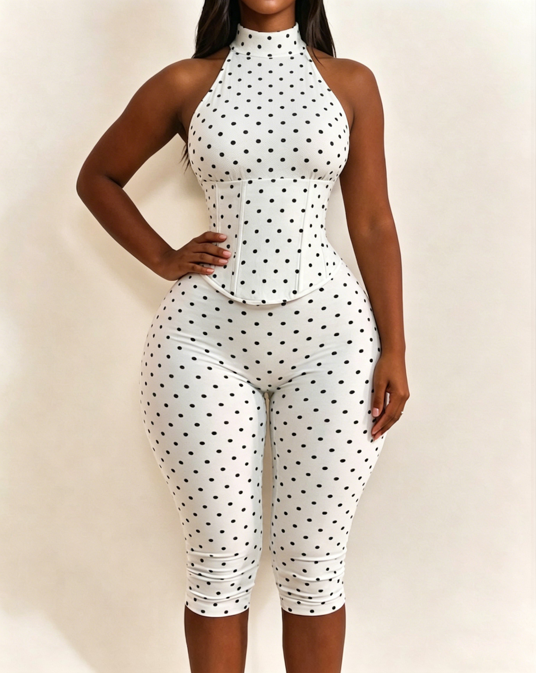 Polka Dot Halter Neck Backless Slim-Fit Stretch Capri Jumpsuit