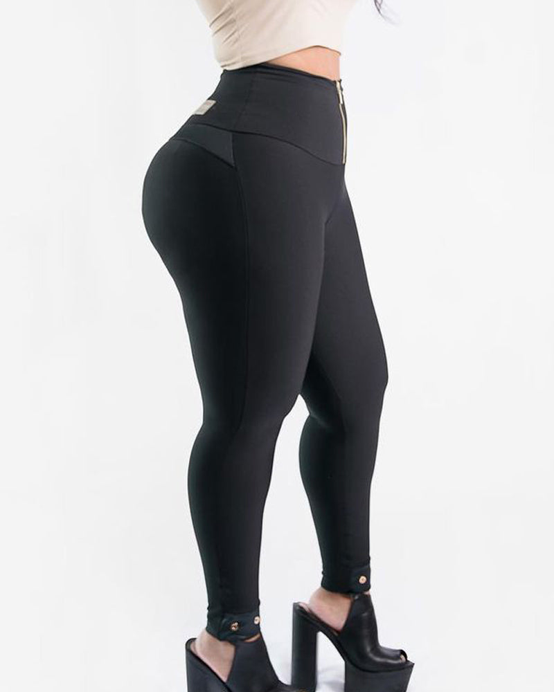 Hohe Taille Bauchweg Po-Lifting Leggings Bequeme Stretch Skinny Hose mit Reißverschluss