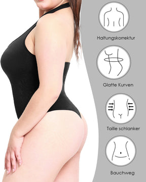 Gerippter Einfarbiger Rückenfreier  Neckholder Tanga Bodysuit