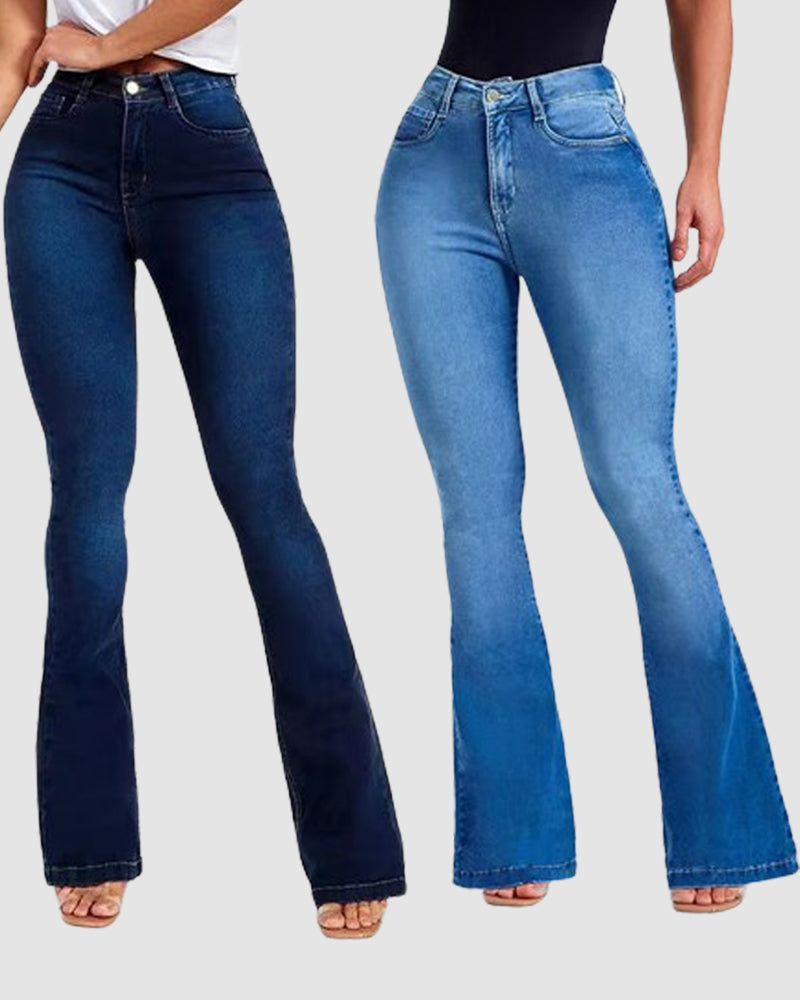 Damen Hoher Taille Ausgestelltem Slim Stretch Trend Jeans