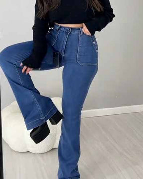 Damen Hoher Taille Skinny Flare Jeans mit großen Taschen