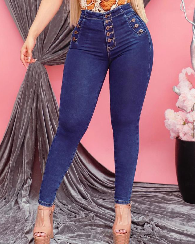 Damen Jeans mit hoher Taille Stretch Po-Lifting Röhrenjeans