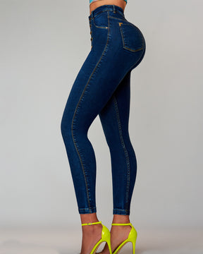 Po-Lift Push Up Knopfleiste Hohem Bund Stretch Glamouröser Glanz Denim Jeans