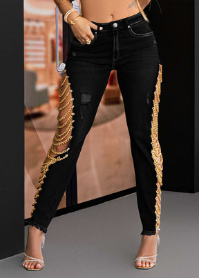 Damen Denim Jeans mit hohem Bund zerstört trendige Kette roh