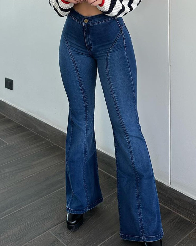 Damen Hoch Taillierte Flare Jeans Hosen