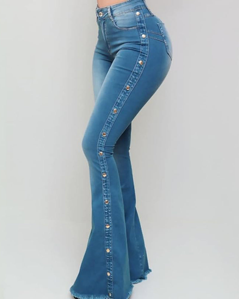 Damen Elastisch Reißverschluss Fliegen Seite Knöpfe Vintage Mopping Flared Jeans