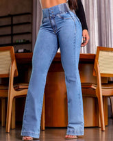 Damen Hohe Taille Skinny Flared Jeans Mit Elastischem Bund