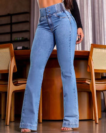 Damen Hohe Taille Skinny Flared Jeans Mit Elastischem Bund