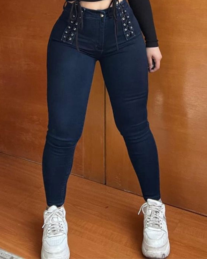 Stilvolle Denim Bauchweg Push Up Hoher Taille Einzigartigem Bindegürtel Jeans