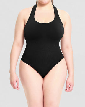 Gerippter Einfarbiger Rückenfreier  Neckholder Tanga Bodysuit