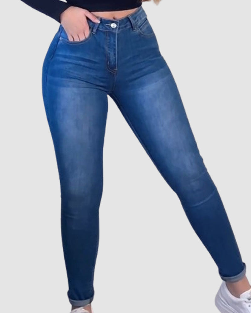 Po-Lift Jeans mit hoher Taille und internem Gürtel