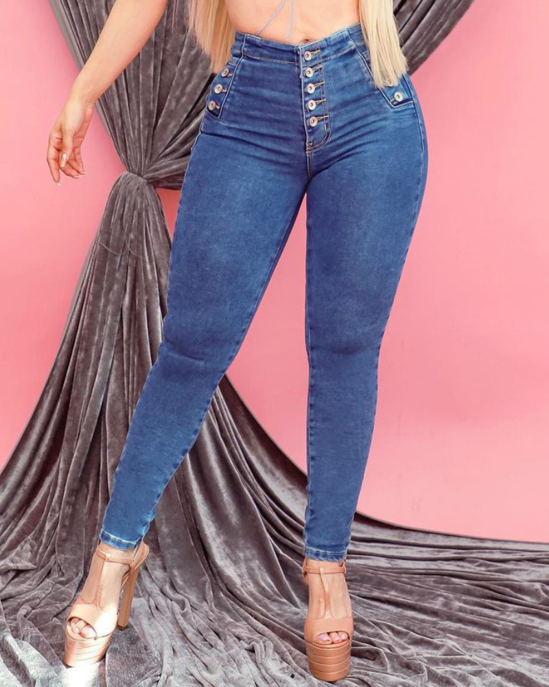 Damen Jeans mit hoher Taille Stretch Po-Lifting Röhrenjeans