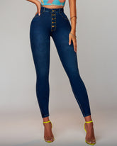 Po-Lift Push Up Knopfleiste Hohem Bund Stretch Glamouröser Glanz Denim Jeans