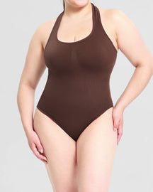 Gerippter Einfarbiger Rückenfreier  Neckholder Tanga Bodysuit