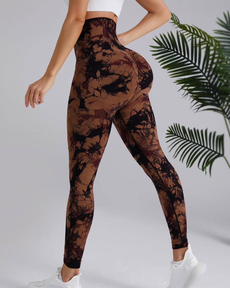 Nahtlose Hochelastische Batikfärbung Po-Lifting Yoga Hose mit breiter Taille