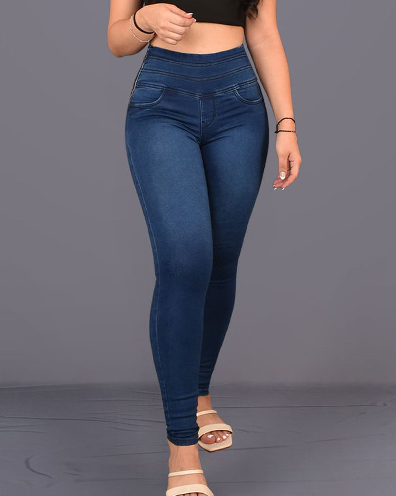 Damen Hoher Taille Skinny Po-Lift Jeans mit Seitlicher Reißverschluss