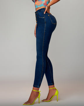 Po-Lift Push Up Knopfleiste Hohem Bund Stretch Glamouröser Glanz Denim Jeans