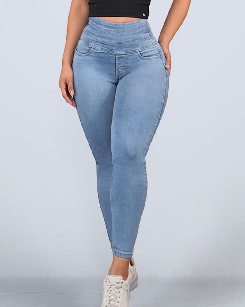 Damen Hoher Taille Skinny Po-Lift Jeans mit Seitlicher Reißverschluss