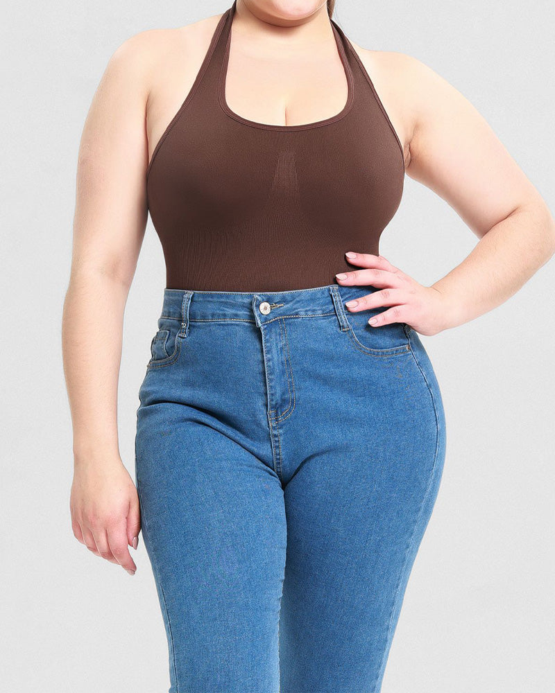 Gerippter Einfarbiger Rückenfreier  Neckholder Tanga Bodysuit