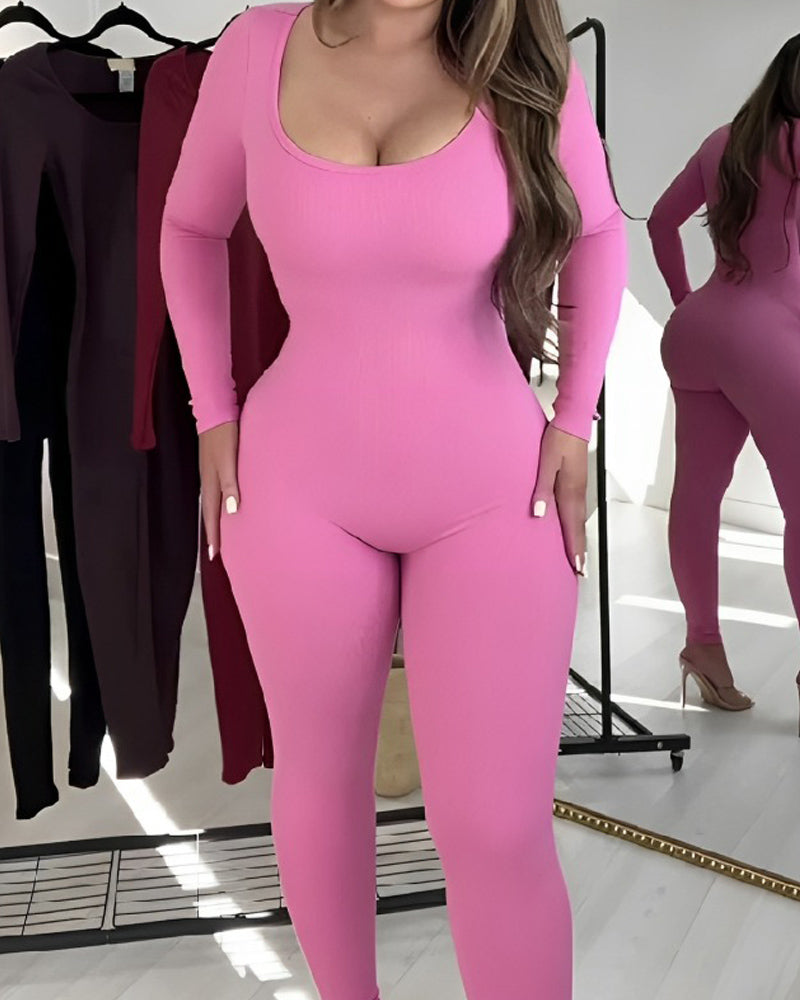 Damen Nahtlos Bodysuits sexy langärmelig U Ausschnitt hohe Taille formende Bodys einfarbige Overalls