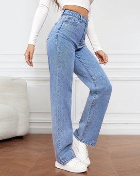 Damen Hoher Taille Reißverschluss Fliege Geradem Bein Baggy Jeans