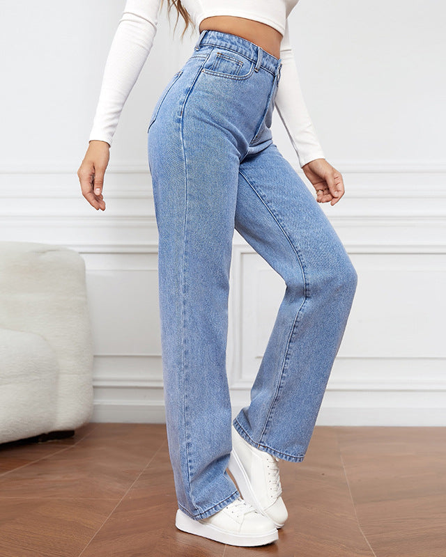 Damen Hoher Taille Reißverschluss Fliege Geradem Bein Baggy Jeans