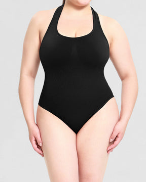 Gerippter Einfarbiger Rückenfreier  Neckholder Tanga Bodysuit