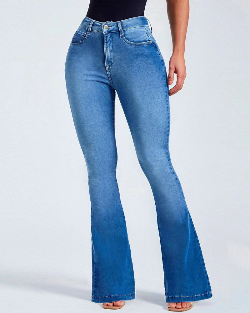 Damen Hoher Taille Ausgestelltem Slim Stretch Trend Jeans