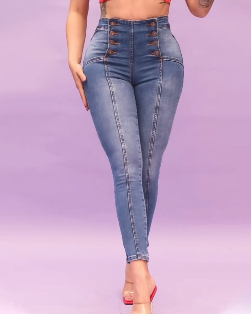 Damen Jeans mit hohem elastischem Bund und Knopfleiste vorne Stretch Röhrenjeans