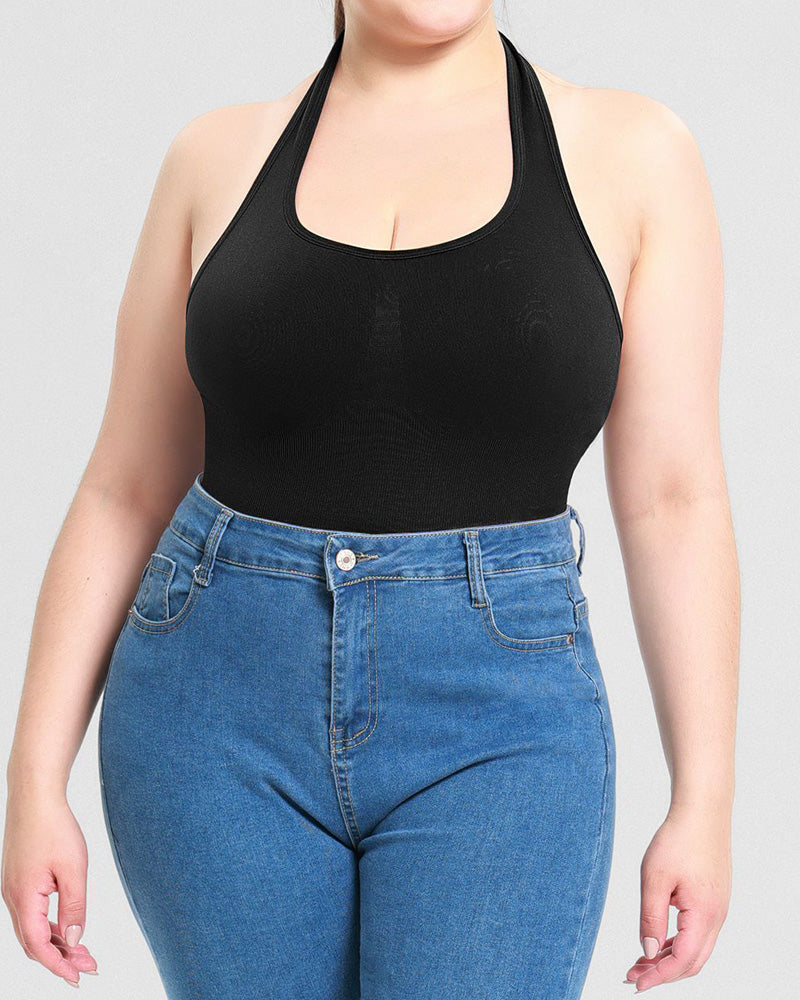 Gerippter Einfarbiger Rückenfreier  Neckholder Tanga Bodysuit