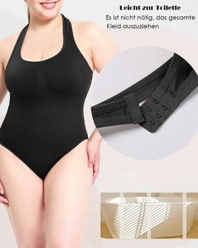 Gerippter Einfarbiger Rückenfreier  Neckholder Tanga Bodysuit