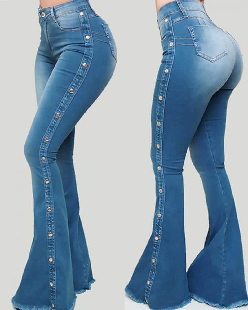 Damen Elastisch Reißverschluss Fliegen Seite Knöpfe Vintage Mopping Flared Jeans