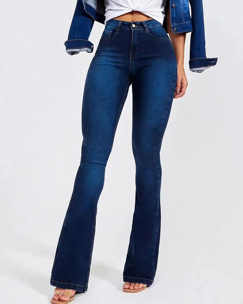 Damen Hoher Taille Ausgestelltem Slim Stretch Trend Jeans