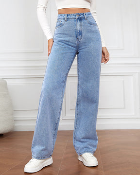 Damen Hoher Taille Reißverschluss Fliege Geradem Bein Baggy Jeans