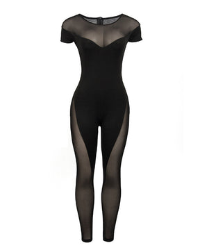 Rundhalsausschnitt Sexy Mesh Patchwork Shapewear Schlanker Kurzarm Jumpsuit