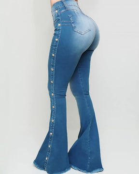 Damen Elastisch Reißverschluss Fliegen Seite Knöpfe Vintage Mopping Flared Jeans